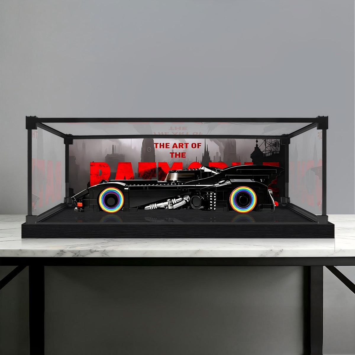 LEGO 76355 Batman Returns Batmobile Mirror Display Case with Alloy Frame, Ring Light and Themed Background