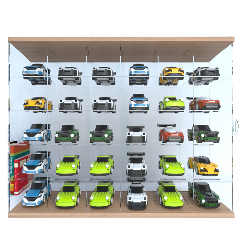 Wall-Mounted Acrylic Display Case for LEGO Speed Champions - Real Wood Base & Top, Sliding Door Dustproof Cabinet for Diecast Model Cars