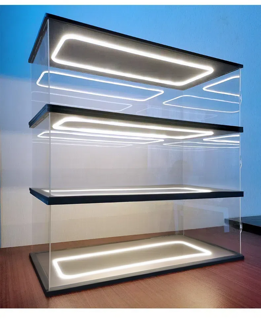 LED Lighted Acrylic Display Case with Sliding Door - Stackable Clear Showcase for Collectibles, Action Figures, Models - White Ring Light & Black Wood-Plastic Base - Scoparius case