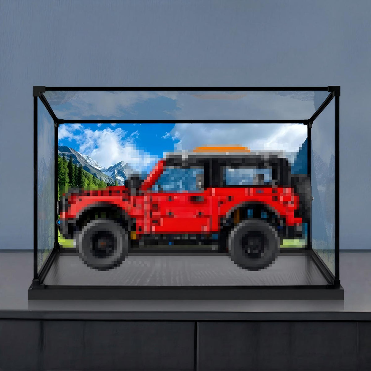 LEGO 42213 Ford Bronco SUV Estuche de exhibición acrílico con espejo, luz de anillo y fondo impreso en UV - Vitrina a prueba de polvo