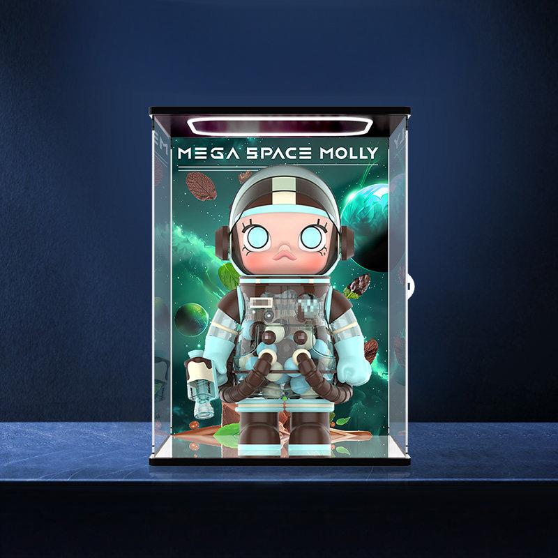 Pop Mart MEGA SPACE MOLLY Mirror Acrylic Display Case with Ring Light & UV-Printed Background - Dustproof Showcase