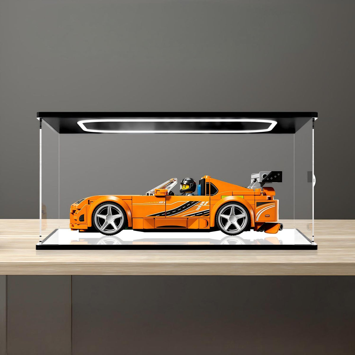 LEGO 77260 Fast & Furious Toyota Supra MK4 Mirror Acrylic Display Case with Ring Light & UV-Printed Background - Dustproof Showcase