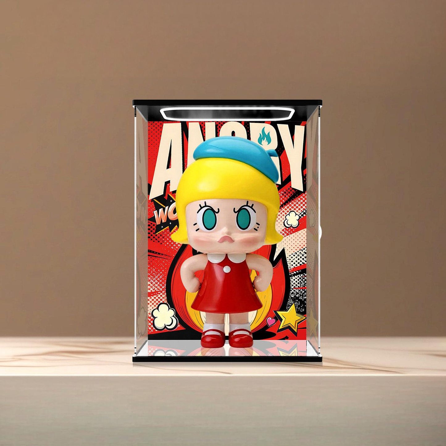 Pop Mart Angry Molly Mirror Acrylic Display Case with Ring Light & UV-Printed Background - Dustproof Showcase