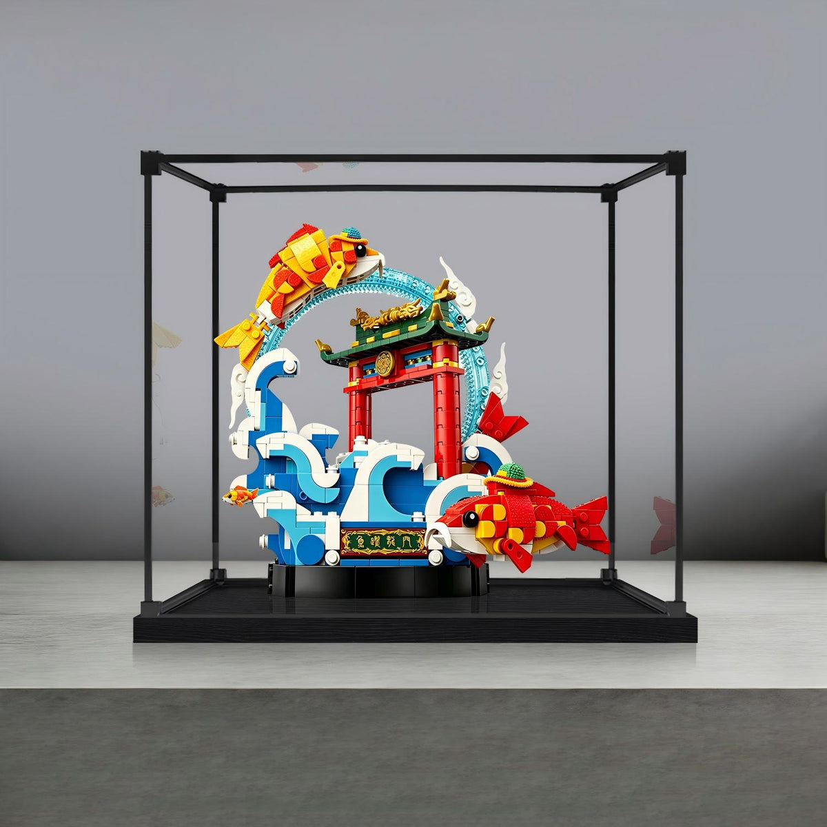 LEGO 80120 Prosperity Carp Leaping Mirror Acrylic Display Case with Ring Light & UV-Printed Background - Dustproof Showcase