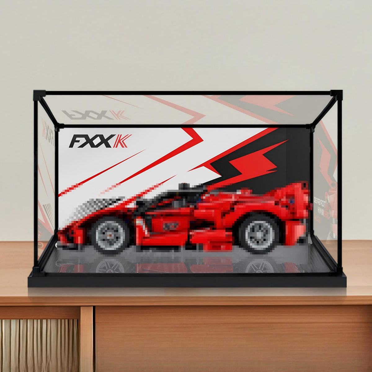 LEGO 42212 Ferrari FXX K Vitrine d'affichage en acrylique miroir avec anneau lumineux et fond imprimé UV - Vitrine anti-poussière