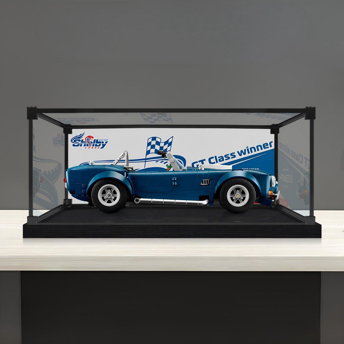 LEGO 10357 Shelby Cobra 427 S/C Vitrine d'exposition en acrylique miroir avec anneau lumineux et fond imprimé UV - Présentoir anti-poussière
