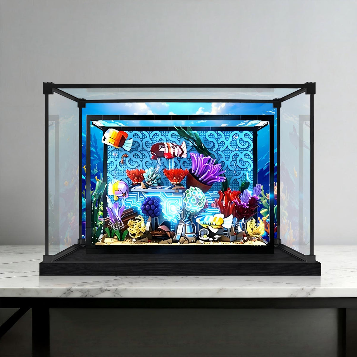 LEGO 10366 Vetrina Espositiva Acrilica a Specchio per Acquario Tropicale con Luce ad Anello e Sfondo Stampato UV - Vetrina Antipolvere