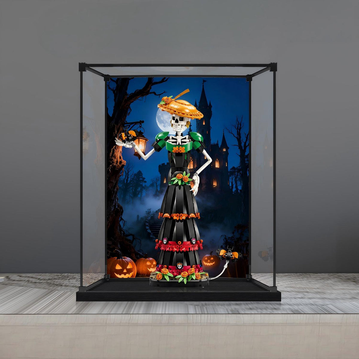 LEGO 21372 La Catrina Spejl Akryl Udstillingskasse med Ringlys & UV-printet Baggrund - Støvtæt Vitrine