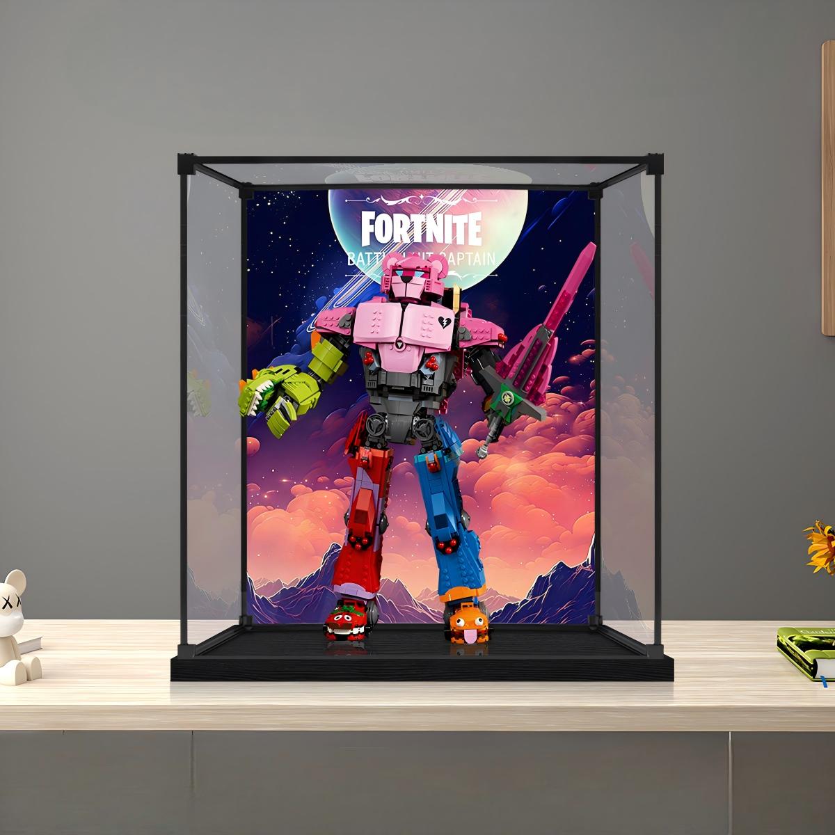 LEGO 77078 Mecha Team Leader Vitrine d'exposition en acrylique miroir avec anneau lumineux et fond imprimé UV - Présentoir anti-poussière