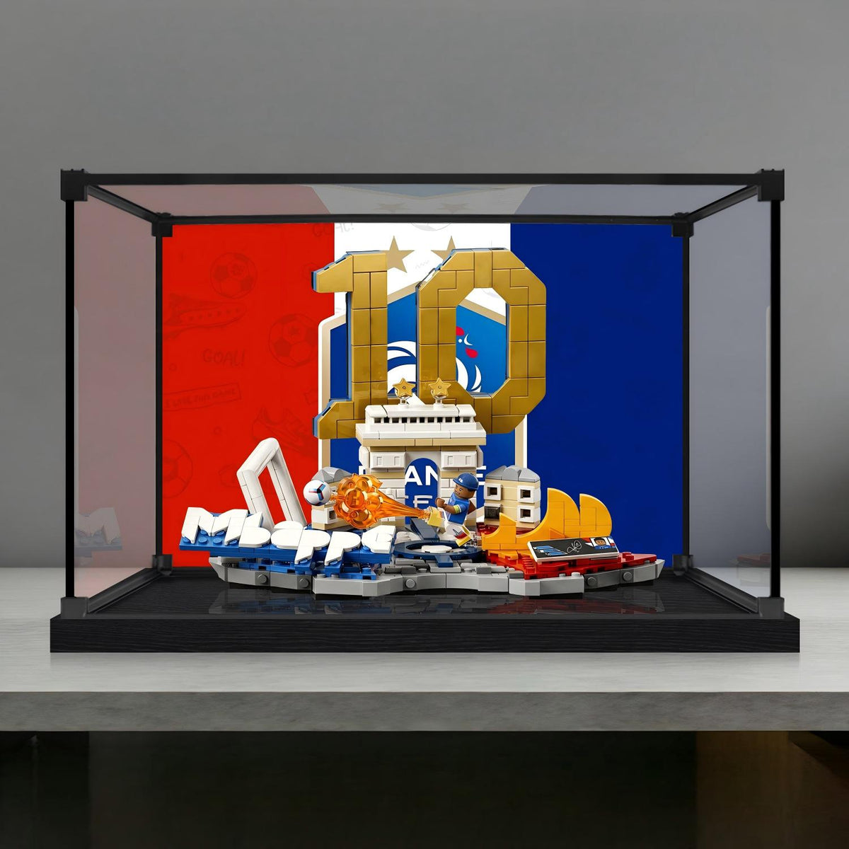 LEGO 43013 Kylian Mbappé - Soccer Highlights Mirror Acrylic Display Case with Ring Light & UV-Printed Background - Dustproof Showcase