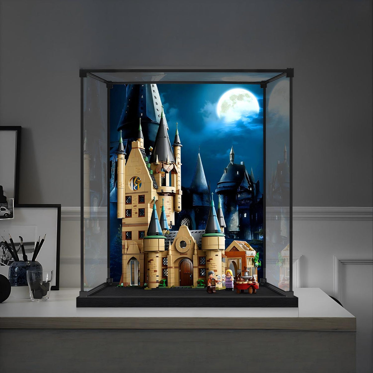 LEGO 75969 Hogwarts Astronomy Tower Mirror Acrylic Display Case with Ring Light & UV-Printed Background - Dustproof Showcase