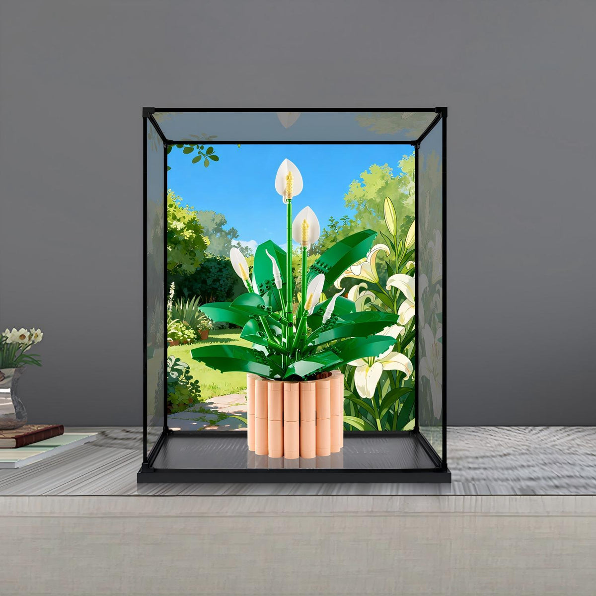 LEGO 11504 Peace Lily Espejo Vitrina de Exhibición de Acrílico con Anillo de Luz y Fondo Impreso en UV - Vitrina a Prueba de Polvo