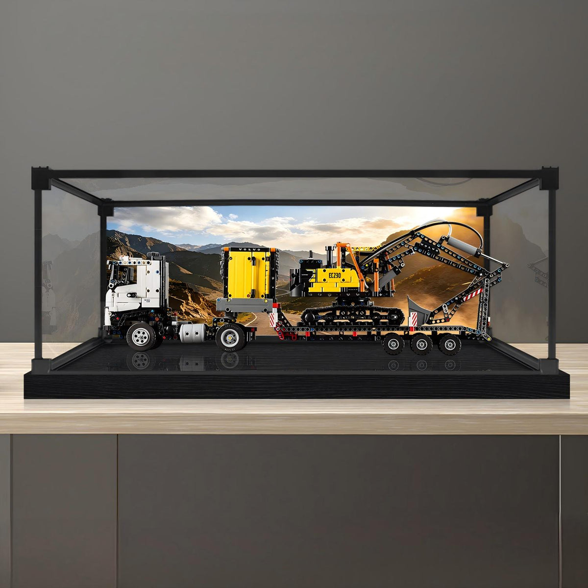 LEGO 42175 Volvo FMX Truck Vitrine en Acrylique avec Anneau Lumineux et Fond Imprimé UV - Boîtier de Présentation Anti-Poussière