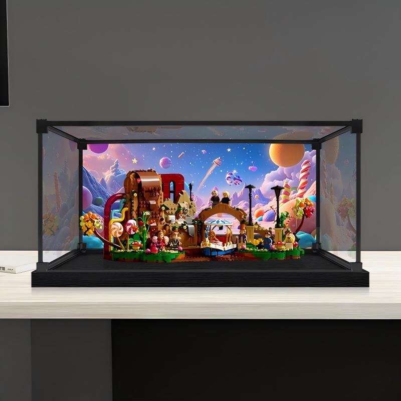 LEGO 21360 Willy Wonka & die Schokoladenfabrik Spiegel-Acryl-Vitrine mit Ringlicht & UV-bedrucktem Hintergrund - Staubdichte Präsentationsvitrine
