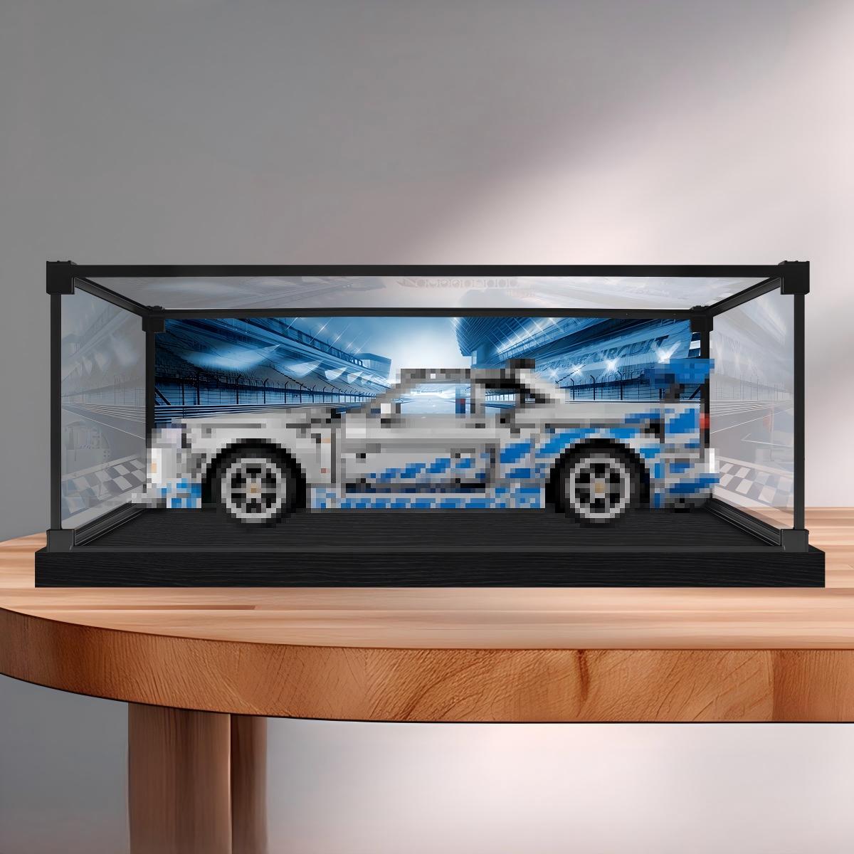 LEGO 42210 2 Fast 2 Furious Nissan Skyline GT-R (R34) Spiegel-Acryl-Vitrine mit Ringlicht & UV-bedrucktem Hintergrund - Staubdichte Präsentationsvitrine