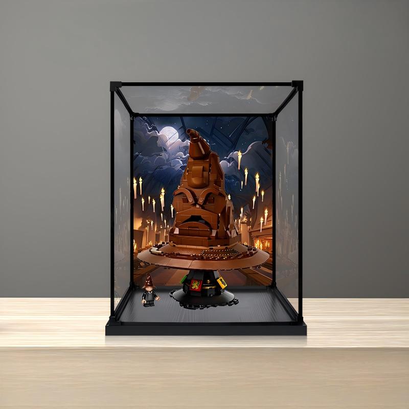 LEGO 76429 Talking Sorting Hat Mirror Acrylic Display Case with Ring Light & UV-Printed Background - Dustproof Showcase