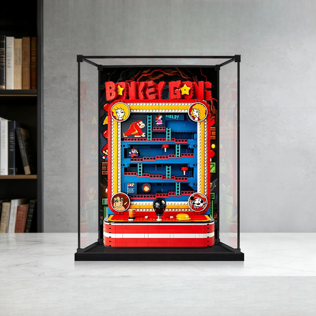 LEGO 72051 Donkey Kong Arcade Spiegel-Vitrinen-Display mit Ringlicht & UV-bedrucktem Hintergrund - Staubdichte Schaukasten