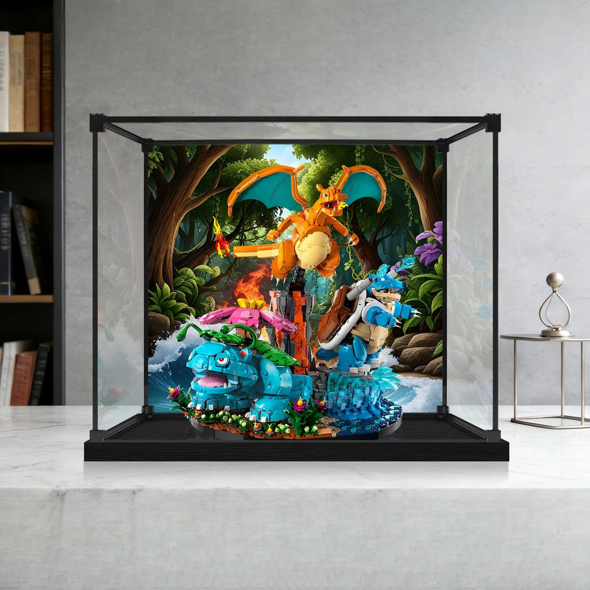 LEGO 72153 Venusaur, Charizard and Blastoise Mirror Acrylic Display Case with Ring Light & UV-Printed Background - Dustproof Showcase