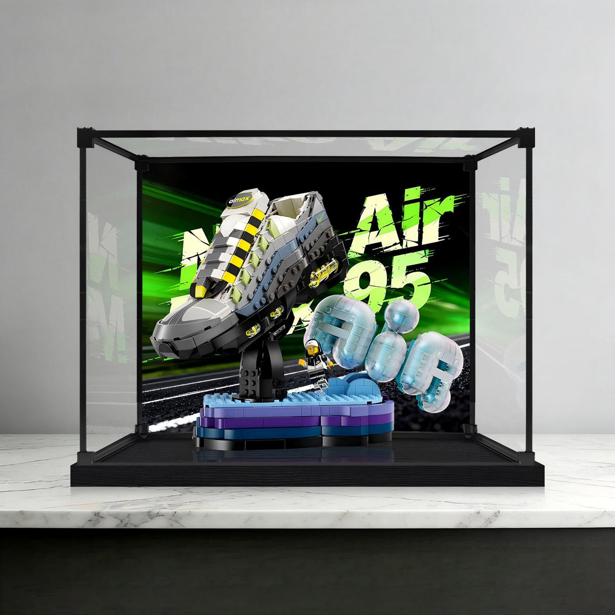 LEGO 43025 Nike Air Max 95 Boîte d'exposition en acrylique miroir avec anneau lumineux et fond à impression UV - Vitrine anti-poussière
