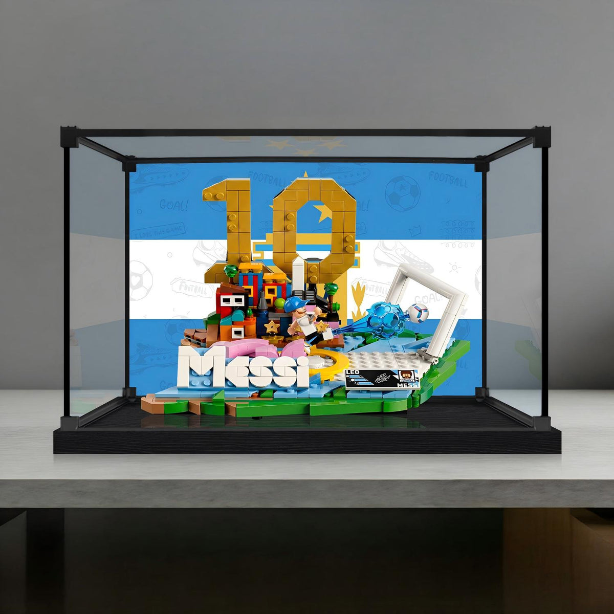 LEGO 43011 Lionel Messi - Soccer Highlights Mirror Acrylic Display Case with Ring Light & UV-Printed Background - Dustproof Showcase