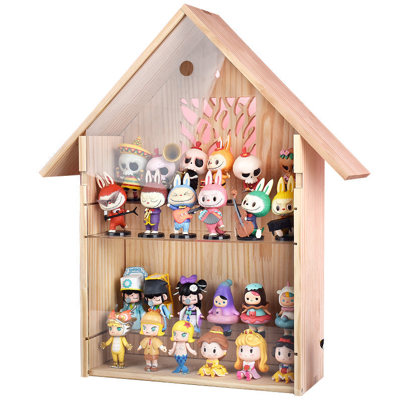 Solid wood dollhouse-style display case—a customizable setting for showcasing collectibles; features a dust-proof design and is wall-mountable. - Scoparius case