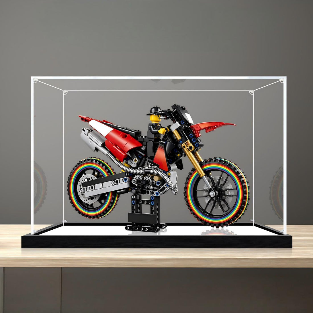 LEGO Display Case for the 42238 Ducati Desmo450 MX: $56.50 to $101.70, and Why the 35×15×25cm Long-Shallow Footprint Is the Only Honest Way to Stage a Two-Wheel Build