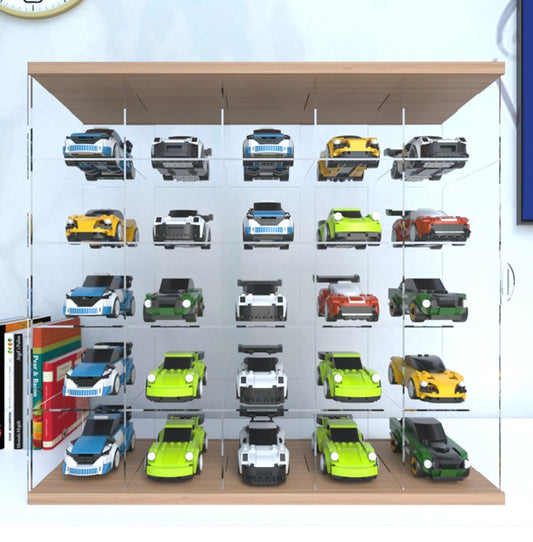 Wall-Mounted Acrylic Display Case for LEGO Speed Champions - Real Wood Base & Top, Sliding Door Dustproof Cabinet for Diecast Model Cars