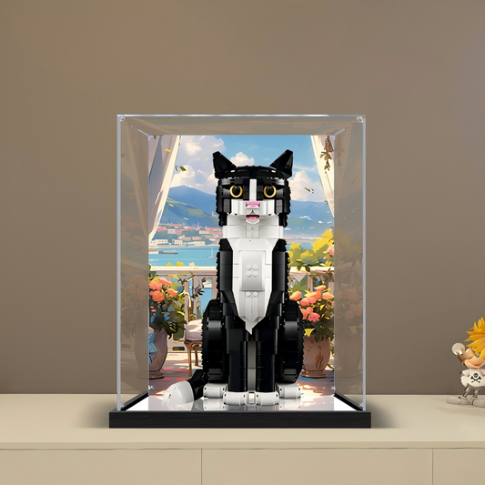Acrylic Display Case for LEGO 21349 Tuxedo Cat, with Themed Printed Background & Dustproof Box