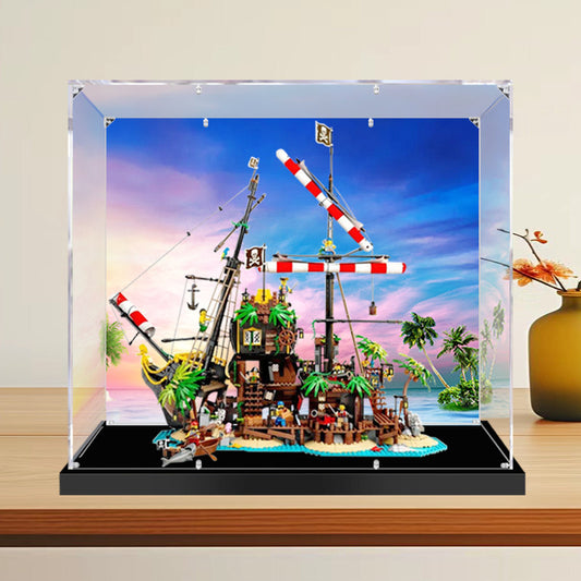 Professional Acrylic Display Case for LEGO 21322 Pirates of Barracuda Bay, with Themed UV Printing Background & Dustproof Box