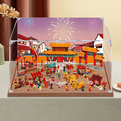 Acrylic Display Case for LEGO 80105 Chinese New Year Temple Fair, with Themed Printed Background & Dustproof Box