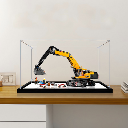 Acrylic Display Case for LEGO 60420 Yellow Excavator, with Themed Printed Background & Dustproof Box