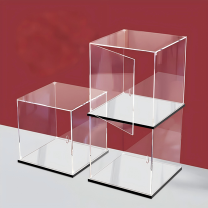 Vitrina de acrílico iluminada con LED y puerta corredera - Exhibidor transparente apilable para coleccionables, figuras de acción, maquetas - Luz anular blanca y base de madera plástica negra