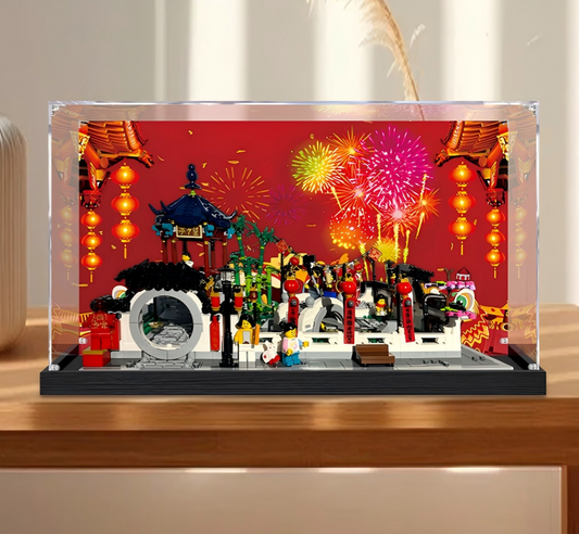 Acrylic Display Case for LEGO 80107 Spring Lantern Festival, with Themed Printed Background & Dustproof Box