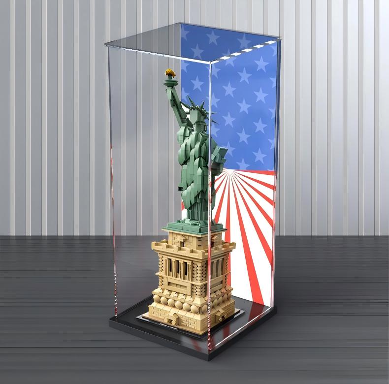 Acrylic Display Case for LEGO 21042 Statue of Liberty, with Themed Printed Background & Dustproof Box