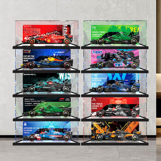 Premium Acrylic Display Case for LEGO Speed Champions Sets 77242 77243 77244 77245 77246 – 3mm Dust-Proof Showcase with Custom UV-Printed Background & Brushed Black Base