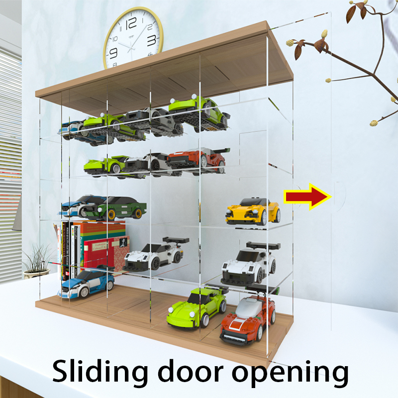Wall-Mounted Acrylic Display Case for LEGO Speed Champions - Real Wood Base & Top, Sliding Door Dustproof Cabinet for Diecast Model Cars
