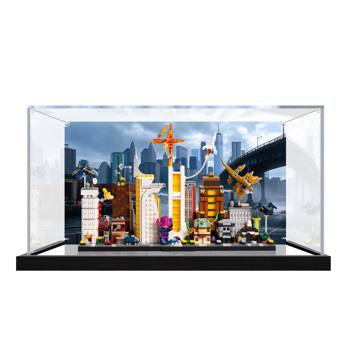 LEGO 67006 The Marvel Skyline mirror display case with black brushed base and UV-printed city background
