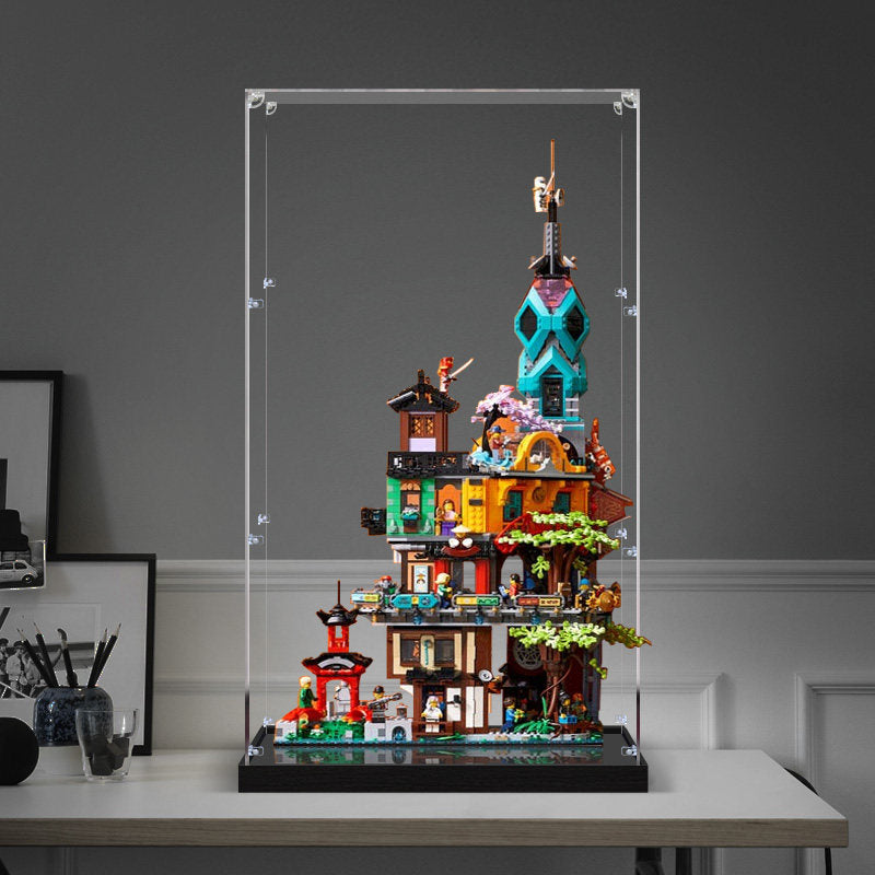 LEGO 71741 NINJAGO City Gardens Mirror Acrylic Display Case with Ring Light & UV-Printed Background - Dustproof Showcase