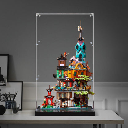 LEGO 71741 NINJAGO City Gardens Mirror Acrylic Display Case with Ring Light & UV-Printed Background - Dustproof Showcase