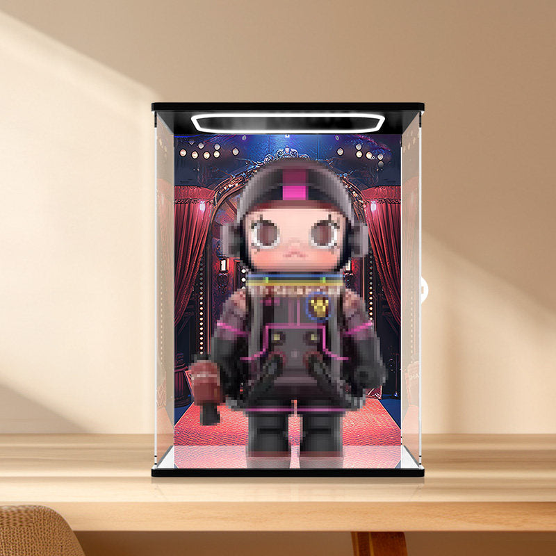 Pop Mart Molly Pixel Stage Series Mirror Acrylic Display Case with Ring Light & UV-Printed Background - Dustproof Showcase
