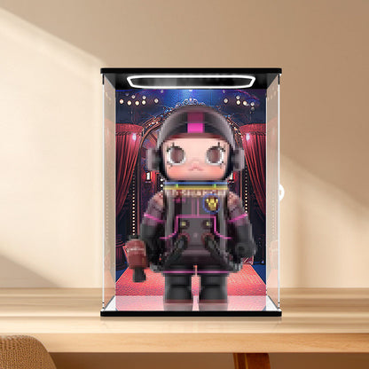 Pop Mart Molly Pixel Stage Series Mirror Acrylic Display Case with Ring Light & UV-Printed Background - Dustproof Showcase
