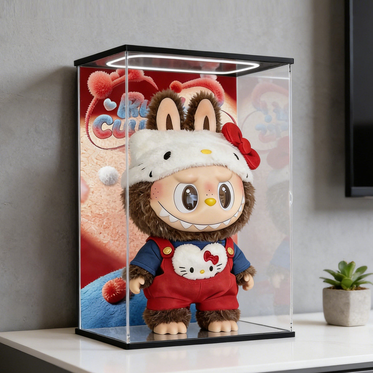 Pop Mart Fluffy Character Mirror Acrylic Display Case with Ring Light & UV-Printed Background - Dustproof Showcase