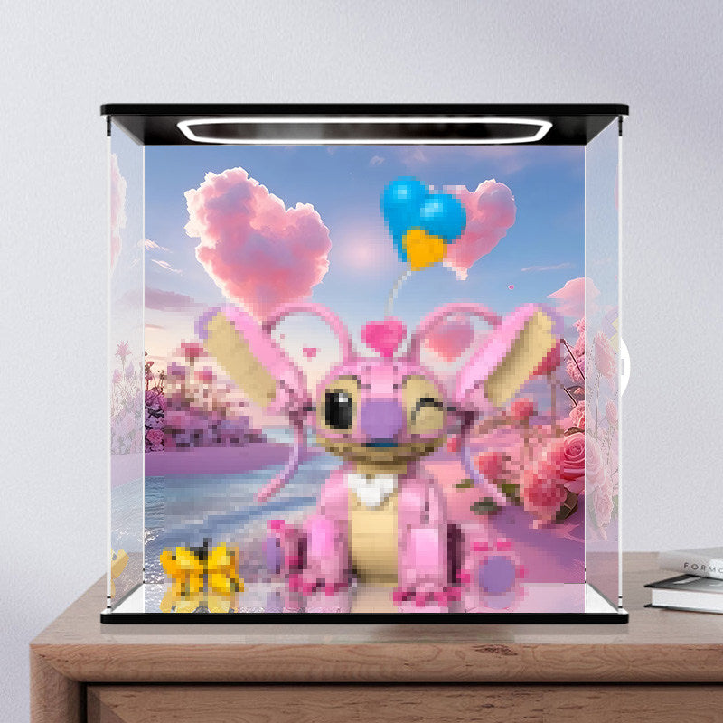 Pop Mart Stitch Romantic Series Mirror Acrylic Display Case with Ring Light & UV-Printed Background - Dustproof Showcase