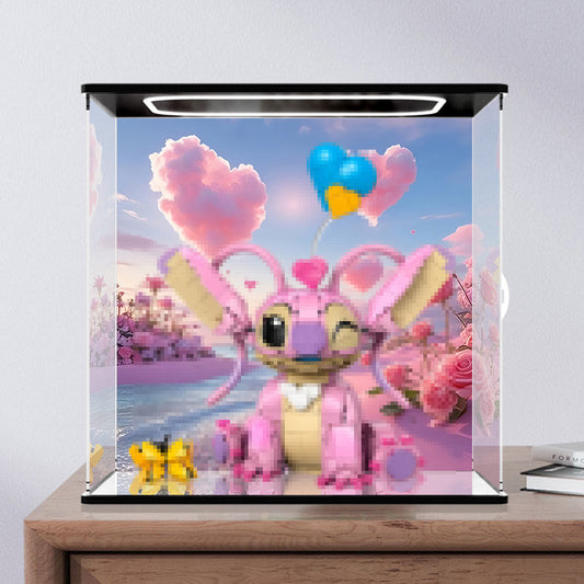 Pop Mart Stitch Romantic Series Mirror Acrylic Display Case with Ring Light & UV-Printed Background - Dustproof Showcase