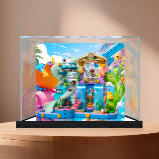 Acrylic Display Case for LEGO 42630 Heartlake City Water Park, with Themed Printed Background & Dustproof Box