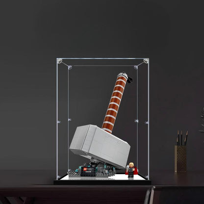 LEGO 76209 Thor's Hammer Mirror Acrylic Display Case with Ring Light & UV-Printed Background - Dustproof Showcase