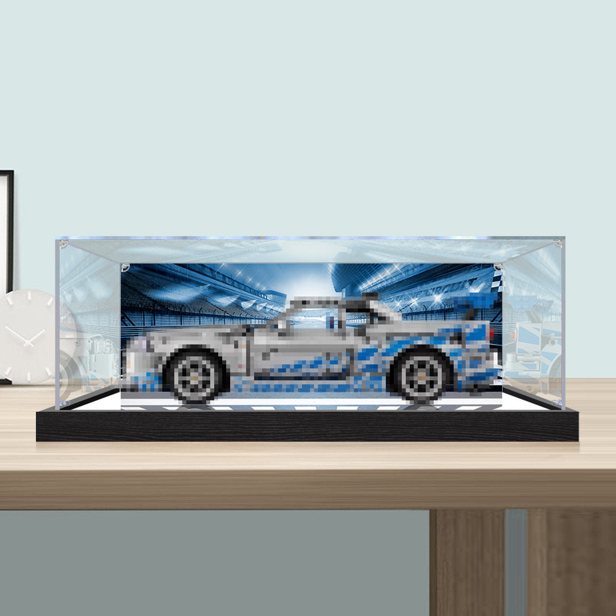 Acrylic Display Case for LEGO 42210 Technic Porsche GT4 e-Performance, with Themed Printed Background & Dustproof Box