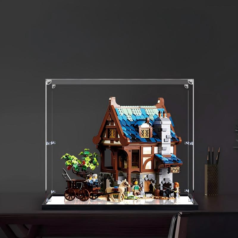 LEGO 21325 Vetrina Acrilica per Fabbro Medievale con Specchio, Anello Luminoso e Sfondo Stampato UV - Vetrina Antipolvere
