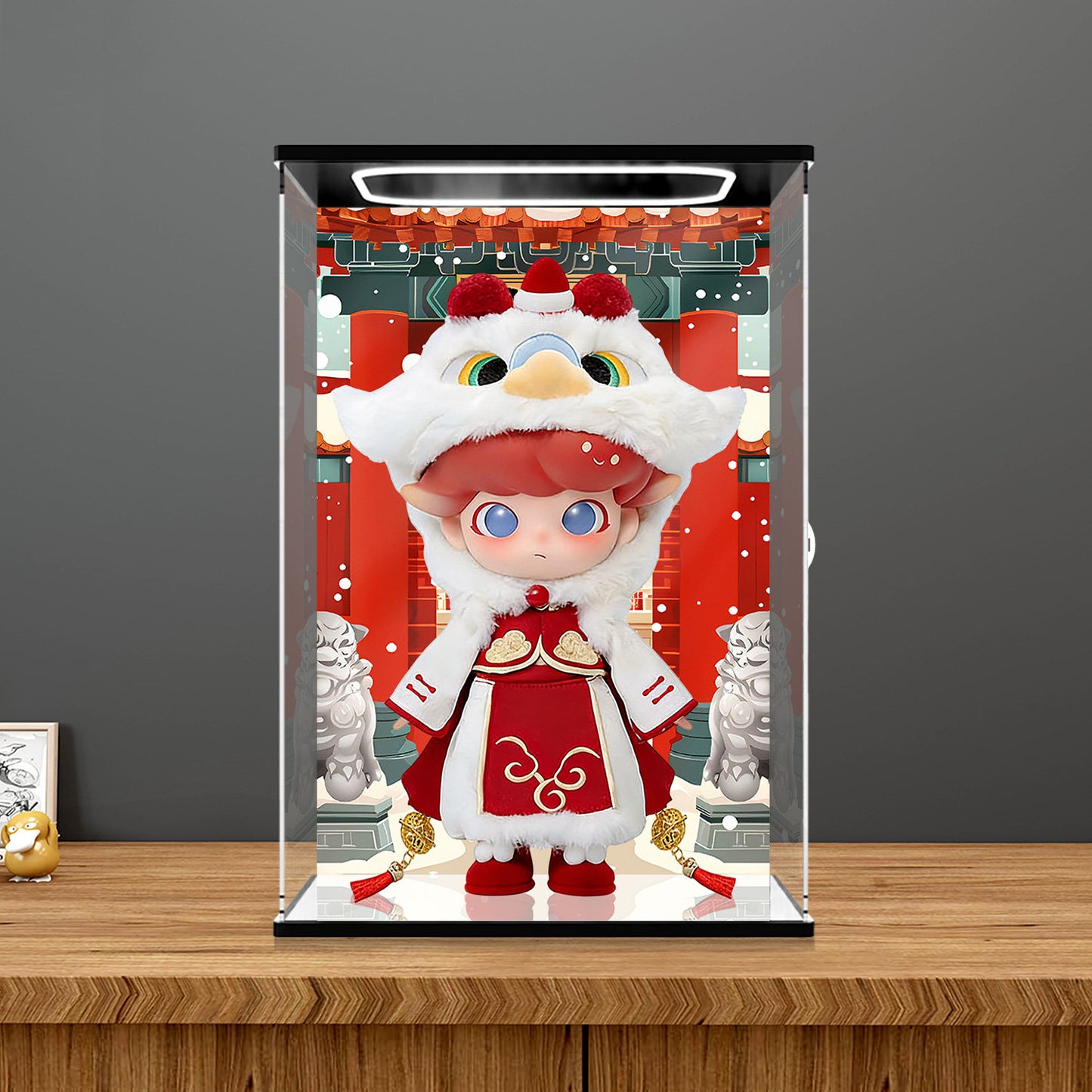 Pop Mart Dimoo Lion Dance Mirror Acrylic Display Case with Ring Light & UV-Printed Background - Dustproof Showcase