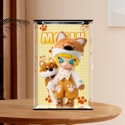 Pop Mart Molly Shiba Inu Collection Mirror Acrylic Display Case with Ring Light & UV-Printed Background - Dustproof Showcase
